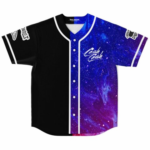 Split black and galaxy print rave baseball jersey front view flat lay