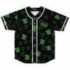 Black rave baseball jersey with green triangle print and repeating logo text front view