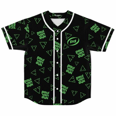 Black rave baseball jersey with green triangle print and repeating logo text front view