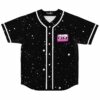 Black starry night rave baseball jersey with pink love cassette tape patch flat lay