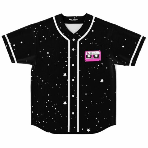Black starry night rave baseball jersey with pink love cassette tape patch flat lay