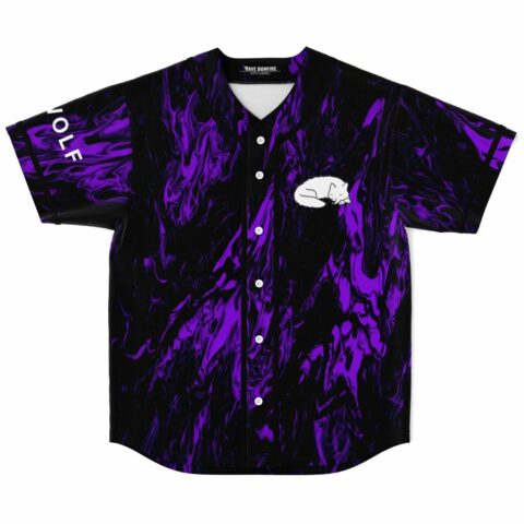 Purple liquid marble baseball jersey front with sleeping wolf patch and WOLF sleeve text