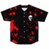 Black baseball jersey with red blood splatter print and white skull chest logo front view