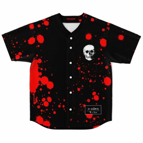 Black baseball jersey with red blood splatter print and white skull chest logo front view