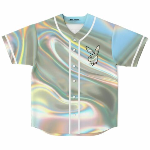 Iridescent holographic rave baseball jersey with bunny logo on chest, front view