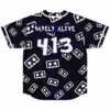 Back view of angry robot face jersey, Barely Alive 413 text over purple swirl print