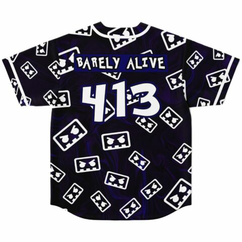 Back view of angry robot face jersey, Barely Alive 413 text over purple swirl print