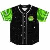 Cartoon-style baseball jersey with green portal swirl sleeves and starfield print front view