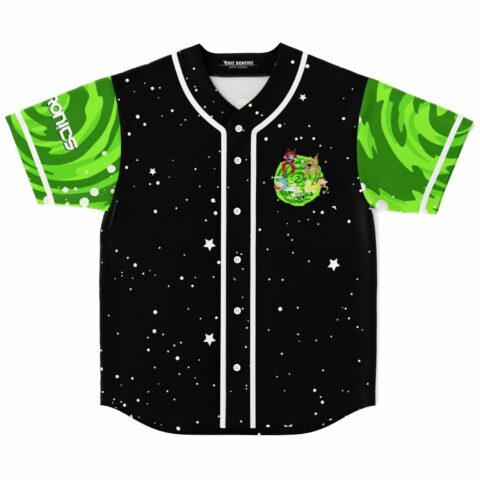 Cartoon-style baseball jersey with green portal swirl sleeves and starfield print front view