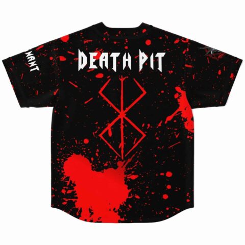 Back view of blood splatter rave baseball jersey with Death Pit text and rune graphic