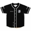 Black anime-inspired baseball jersey with wings emblem crest and Japanese text on front