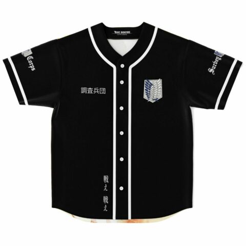 Black anime-inspired baseball jersey with wings emblem crest and Japanese text on front