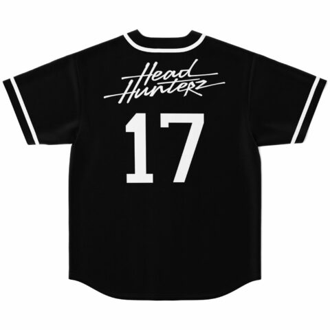 Black rave baseball jersey back view with Head Hunterz script and number 17 print