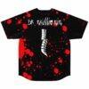 Back view of blood splatter jersey with Dr Skulliosis text and spine graphic below collar