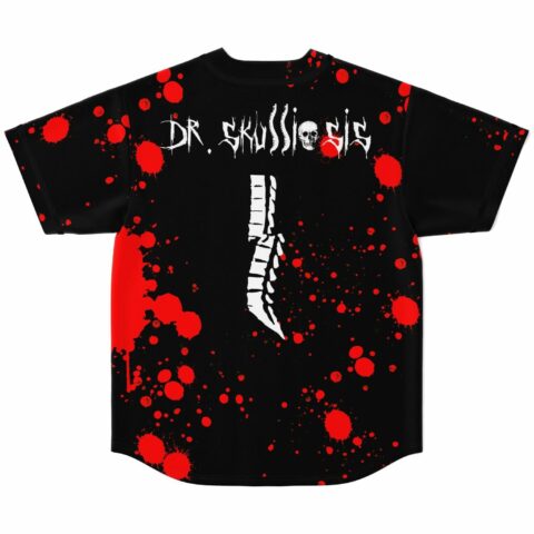 Back view of blood splatter jersey with Dr Skulliosis text and spine graphic below collar