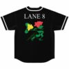 Black baseball jersey back view with abstract floral swirl print and Lane 8 text