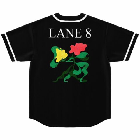 Black baseball jersey back view with abstract floral swirl print and Lane 8 text