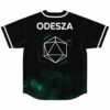 back view of black jersey with ODESZA text and geometric icosahedron over green galaxy print