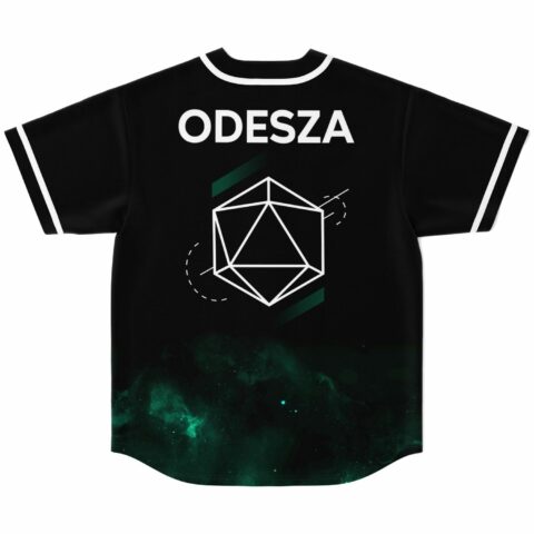 back view of black jersey with ODESZA text and geometric icosahedron over green galaxy print