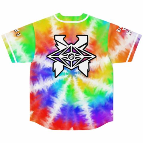 Rainbow spiral tie dye rave baseball jersey back with large geometric logo and sleeve text