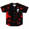 Blood splatter rave baseball jersey with white skull graphic laid flat front view