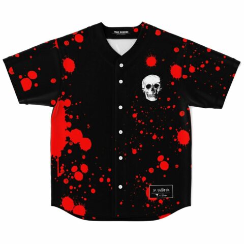 Blood splatter rave baseball jersey with white skull graphic laid flat front view