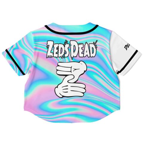 Back view of swirl rave crop top featuring bold text graphic
