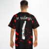 Dr Skullosis text and spine print on back of blood splatter jersey worn by model