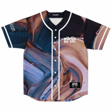 Marbled swirl rave baseball jersey front view with RÜFÜS DU SOL text, white button placket