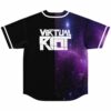 Split black and starry nebula print baseball jersey back view with bold white text logo