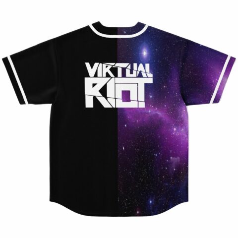 Split black and starry nebula print baseball jersey back view with bold white text logo