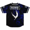 Blue liquid swirl jersey back view with Radwan text and white wing graphic