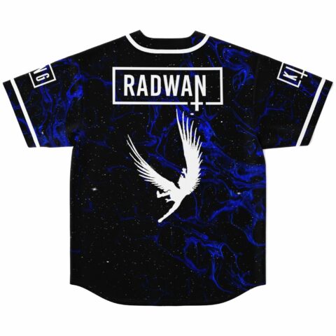 Blue liquid swirl jersey back view with Radwan text and white wing graphic