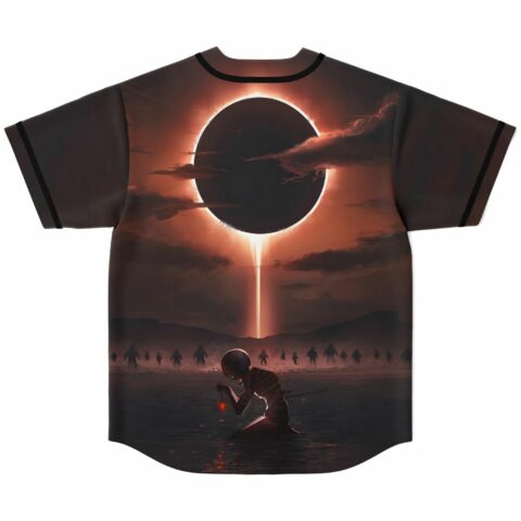 Back view of jersey featuring dark eclipse scene with kneeling figure and shadow crowd