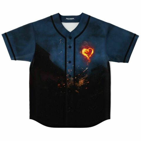 Flaming heart rave baseball jersey front view on navy smoke and ember print