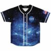 Deep blue starfield rave baseball jersey with NASA logo patch front view laid flat