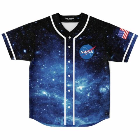 Deep blue starfield rave baseball jersey with NASA logo patch front view laid flat