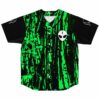 Neon green drip print rave baseball jersey with alien face patch, black sleeves, front view