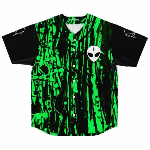 Neon green drip print rave baseball jersey with alien face patch, black sleeves, front view