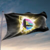 Black smash ball rave flag flying on pole against sunset sky