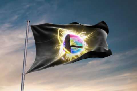 Black smash ball rave flag flying on pole against sunset sky