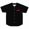 Black rave baseball jersey with red anime-inspired chest text front view flat lay