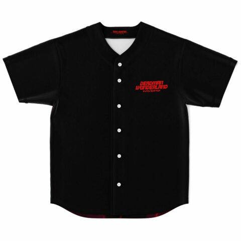 Black rave baseball jersey with red anime-inspired chest text front view flat lay