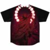 Back view of black jersey with glowing red hexagon halo and cloaked figure graphic