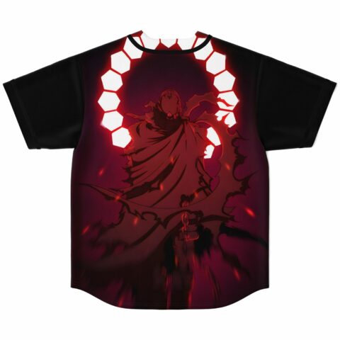 Back view of black jersey with glowing red hexagon halo and cloaked figure graphic