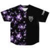 Half black half purple floral print rave baseball jersey with bass-inspired logo front view