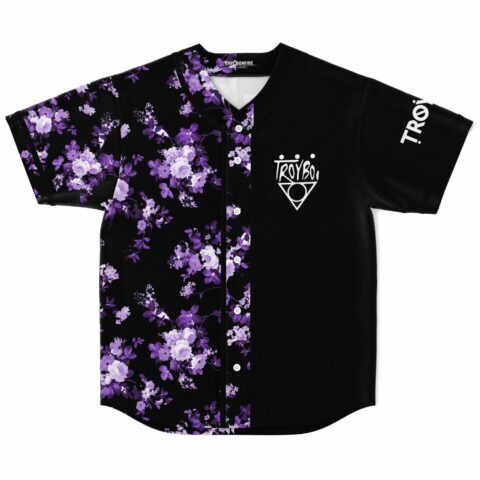 Half black half purple floral print rave baseball jersey with bass-inspired logo front view