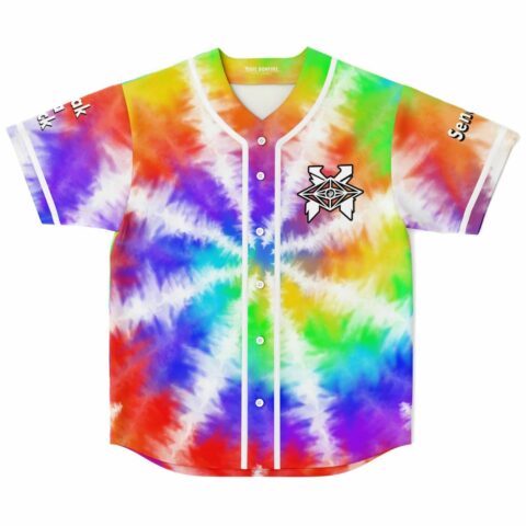 Rainbow spiral tie dye rave baseball jersey front view with geometric emblem on chest