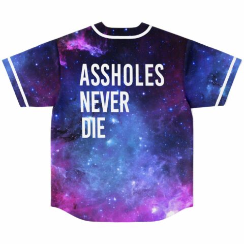 Galaxy jersey back view with Assholes Never Die text over nebula print