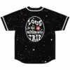 Back view of black rave baseball jersey reading love is the ultimate trip, starry design